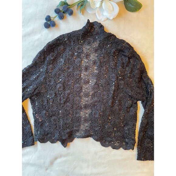 Vintage Black Lace Long Sleeve Top With Sequins - Size L Whimsygoth Cutegoth Y2K - Picture 2 of 10